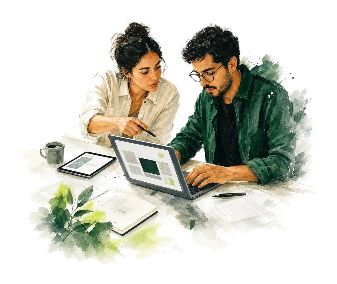 Dos personas revisan juntas la interfaz de un sistema en una laptop.